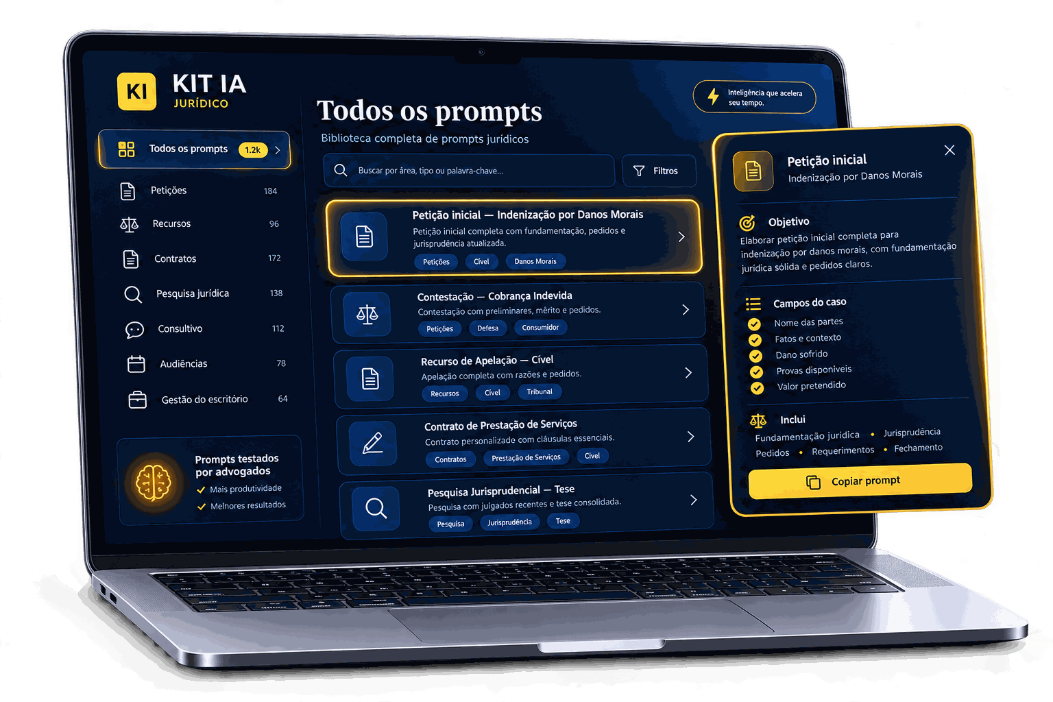 Notebook exibindo a biblioteca de prompts do Kit IA Jurídico, com o painel de um prompt aberto